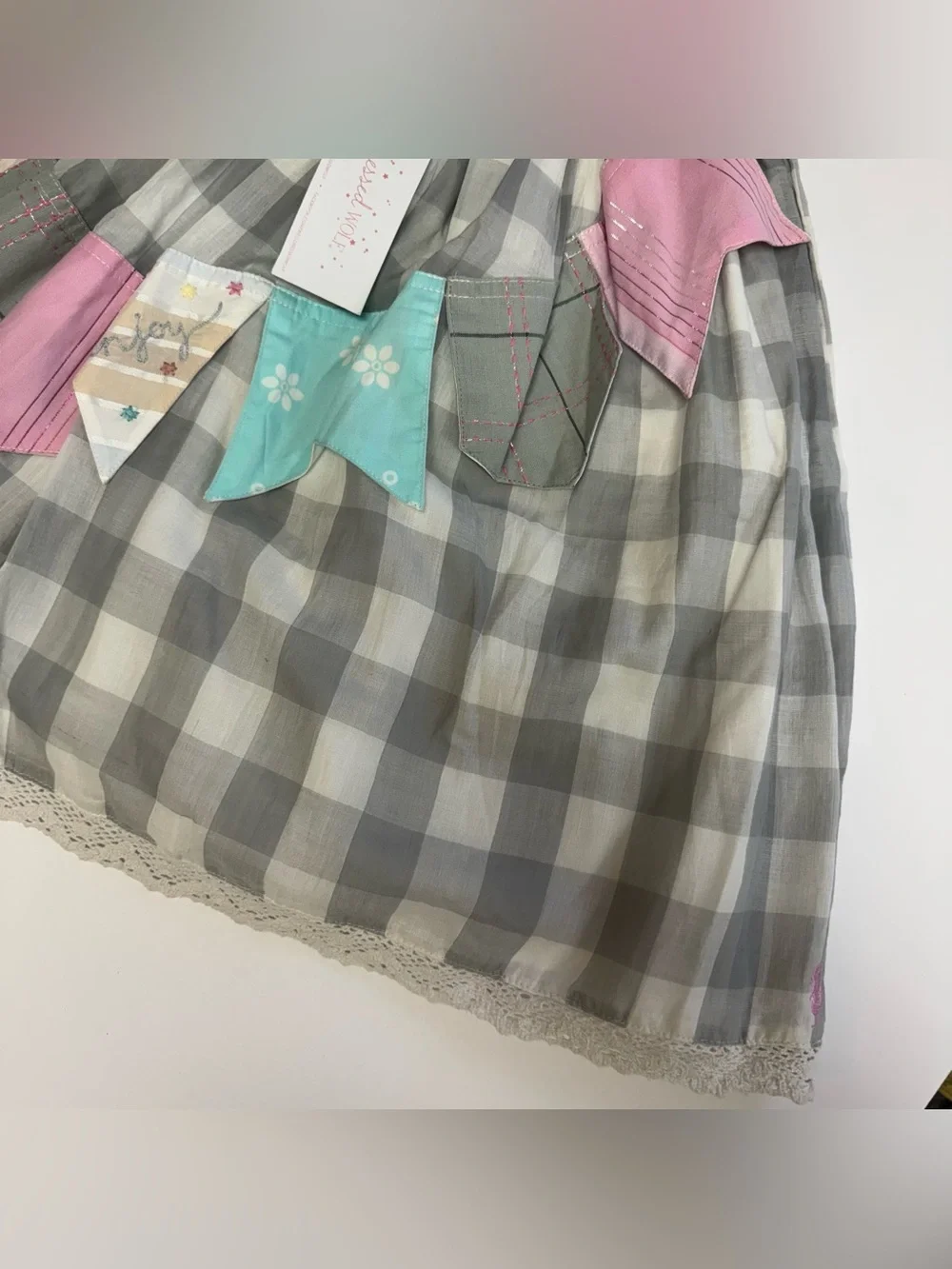 Well Dressed Wolf Joyce Party Dress Gray White Checker Pink Blue Flags Girls 4T
